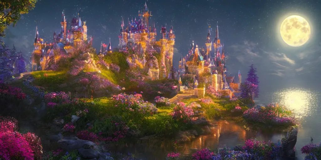 Image similar to a single glittering fairy castle at night, a full moon, water and colourful flowers, extremely detailed oil painting, unreal 5 render, fantasy digital art, octane render, beautiful composition, trending on artstation, award-winning photograph, masterpiece