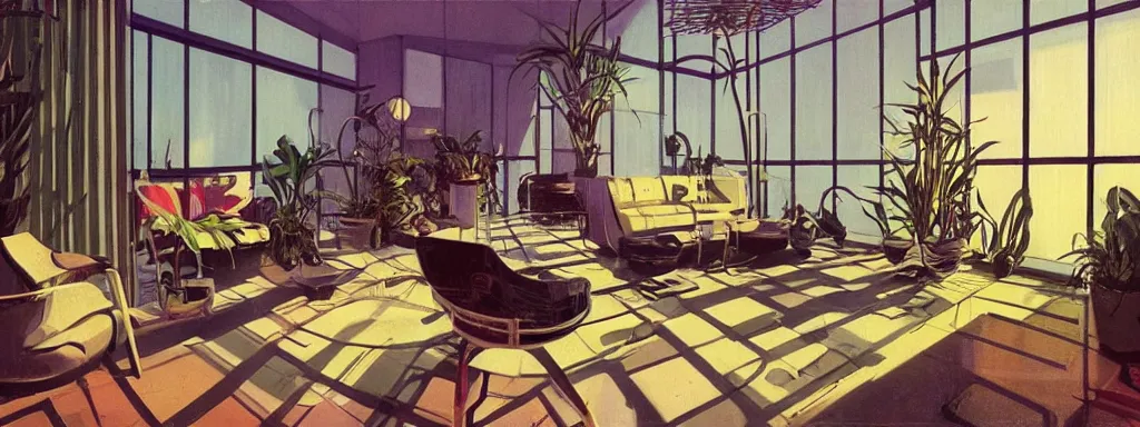 Image similar to concept art, retro - futurist penthouse, reflections, night lighting, designer furniture, high ceiling, 6 0 s colour palette, plants, flowers, floor lamps, multi - level, soft lighting, city view, bladerunner, james jean, syd mead, akihiko yoshida, cinematic