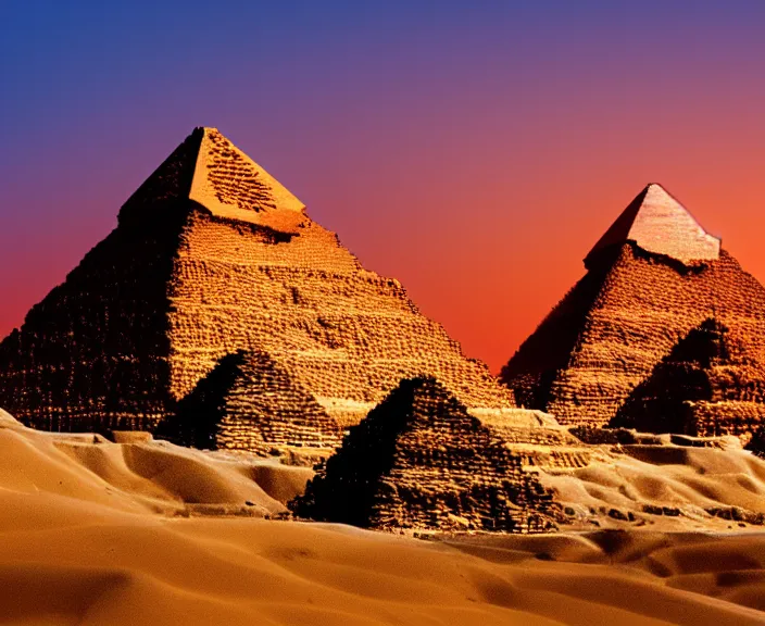 Prompt: 4 k hd, high detail photograph of egyptian pyramids at sunset, shot with sigma f / 4. 2, 2 5 0 mm sharp lens, wide shot, consistent, volumetric lighting, high level texture render