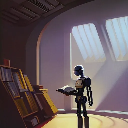 Image similar to digital painting of a droid robot reading a book, concept art, by Ralph mcquarrie, sunlight pouring through window, large scale, high detail, futuristic, godrays, volumetric lighting, warm lighting