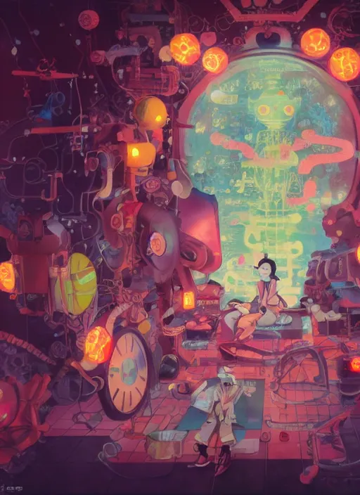 Prompt: a kawaii gouache painting, by yoshitaka amano, by victo ngai, by shaun tan, by good smile company, detailed anime 3 d render of an attractive male modular mechanical android, portrait, cgsociety, by peter mohrbacher, by lisa frank, futuristic setting, gel lighting neon glow