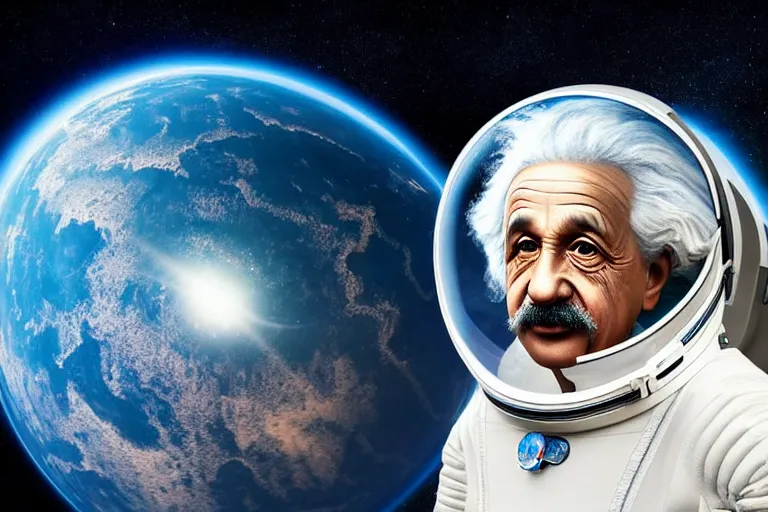 Image similar to still fullbody photo of sad albert einstein in spacesuit in space, flat earth on elephants and turtle at background, highly detailed, photorealistic shot, bright studio setting, studio lighting, crisp quality and light reflections, unreal engine 5 quality render