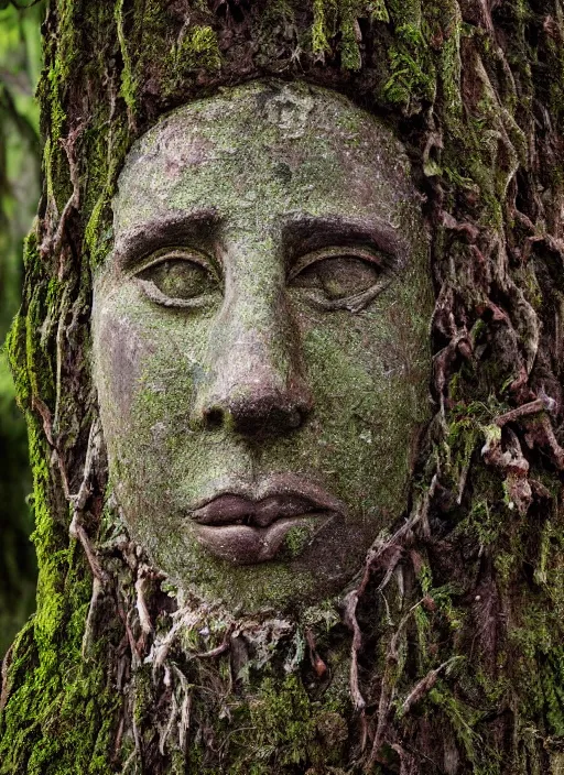 Image similar to photograph of hyperrealistic detailed ancient face in a tree covered with thick bark and moss