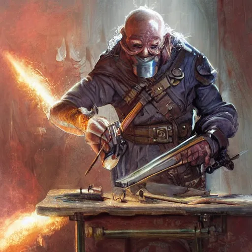 Image similar to goblin artificer tinkerer working on a makeshift rifle on a dusty workbench, cover of a Dungeons and Dragons book, art by Raymond Swanland