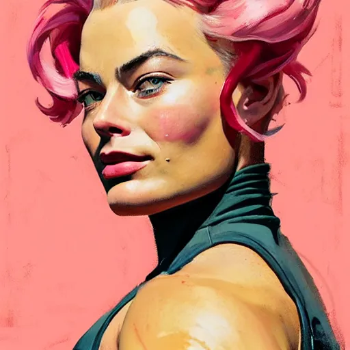 Image similar to greg manchess portrait of margot robbie as thick very muscular weightlifter zarya from overwatch with ponytail and curly pink hair, eyes closed, medium shot, asymmetrical, profile picture, organic painting, sunny day, matte painting, bold shapes, hard edges, street art, trending on artstation, by huang guangjian and gil elvgren and sachin teng