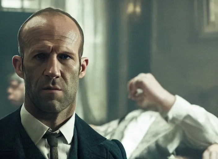 Image similar to film still of Jason Statham!!! as Thomas Shelby in Peaky Blinders, 4k