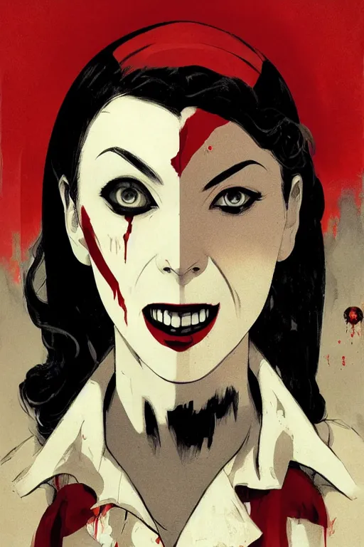 Image similar to scary female vampire nurse, symmetrical face, evil grin, portrait size, cinematic, dramatic, super detailed and intricate, by koson ohara, by darwyn cooke, by greg rutkowski, by satoshi kon