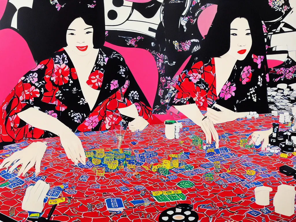 Image similar to hyperrealism composition of the detailed woman in a japanese kimono sitting at an extremely detailed poker table with darth vader, fireworks on the background, pop - art style, jacky tsai style, andy warhol style, acrylic on canvas