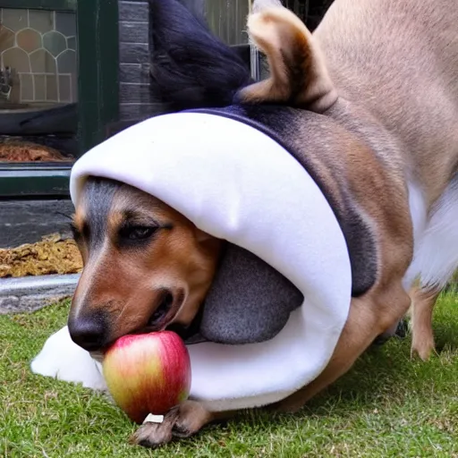 Image similar to dog trying to eat apple core under on a butler cloche dome