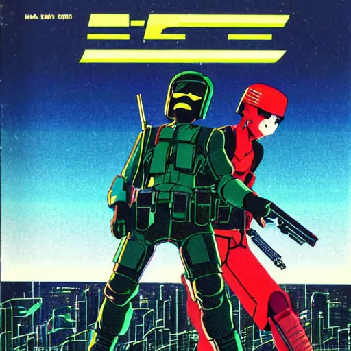 Prompt: 1979 OMNI Magazine Cover Illustration of neo-Tokyo bank robbery movie, Bank Robbery, Anime, Highly Detailed, Special Forces Security, Searchlights, Boat Dock, Special Agent, Water, Akira Color Palette, Inspired by Akira + MGS2 + FLCL, 8k :4 by Vincent Di Fate + Arc System works + Katsuhiro Otomo : 8