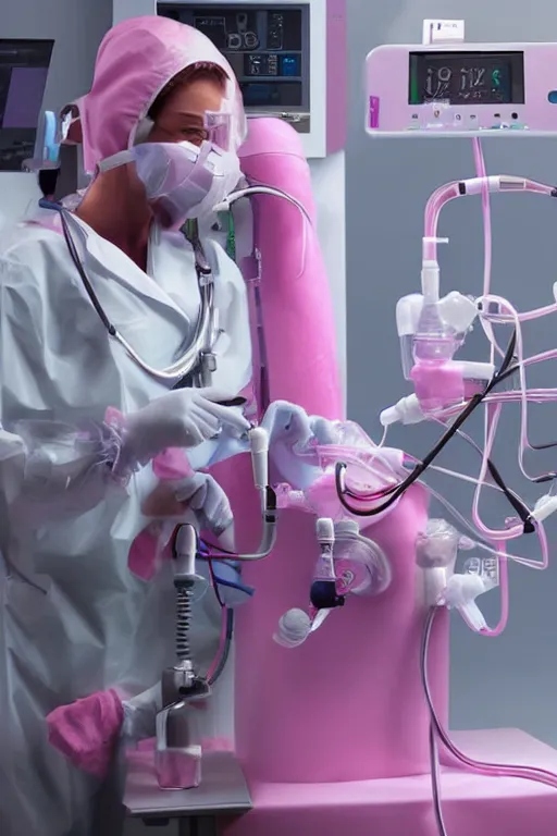 Prompt: an anesthesia machine pumping pink vapor into an oxygen mask, photorealistic, detailed