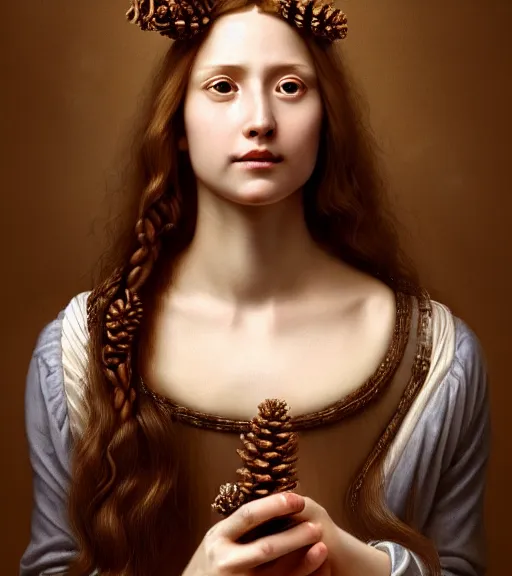 Prompt: portrait of a long - haired woman with a small pinecone sitting upon a table with heightened detail, poised, intense emotion, detailed facial expression, detailed surroundings, intricate, elegant, highly detailed, centered, digital painting, artstation, concept art, smooth, sharp focus, illustration, by ( leonardo da vinci ), wlop