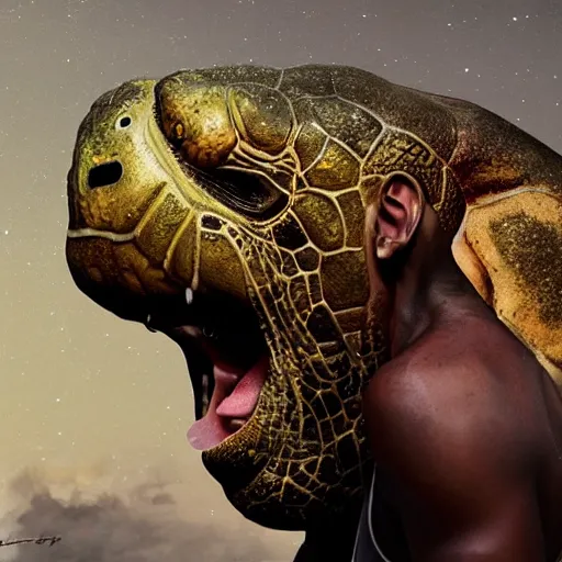 Image similar to kobe bryant kissing a giant turtle in heaven, hyper realistic, cinematic, side view, digital art, amazing detail, artstatiom, cgsociety, epic art