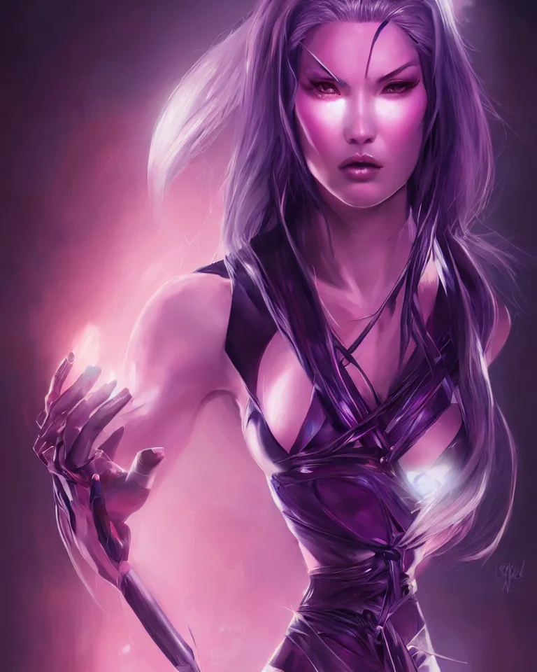 Image similar to centered detailed portrait of Psylocke, unrealistic character concept, beautiful comic super heroine, identical eyes, gazing eyes, beautiful eyes medium shot, elegant pose, fantasy, illustration, slender symmetrical face and body, artstation, cinematic lighting, hyperdetailed, cgsociety, 8k, high resolution, Charlie Bowater, Tom Bagshaw, single face, insanely detailed and intricate, octane render, golden ratio, dark fractal background, vfx, postprocessing, freckles, alluring, featured on behance, Trending on artstation, well-rendered. Marvel summer edition