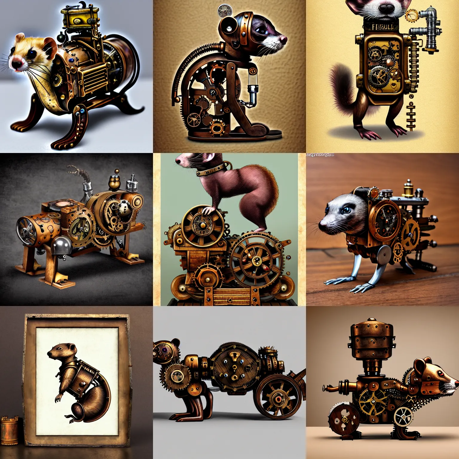 Prompt: steampunk mechanical animal, ferret - shaped, wood metal, 8 k, illustration fantasy dnd, highly detailed