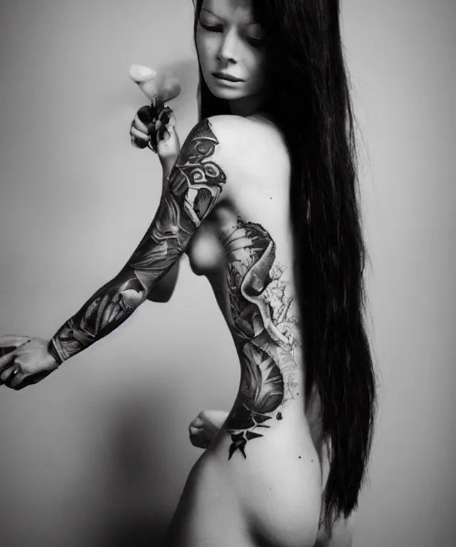 Image similar to black and white tattoo, beautiful mermaid, full body, fish tail