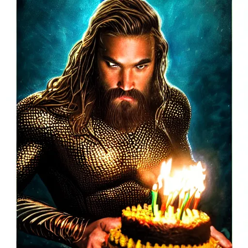 Image similar to intricate five star portrait of aquaman blowing the candle at his birthday, emotion, oil on canvas, hdr, high detail, photo realistic, hyperrealism, matte finish, high contrast, 3 d depth, centered, masterpiece, grainy, tasteful colors, enhanced light effect, enhanced eye detail, artstationhd