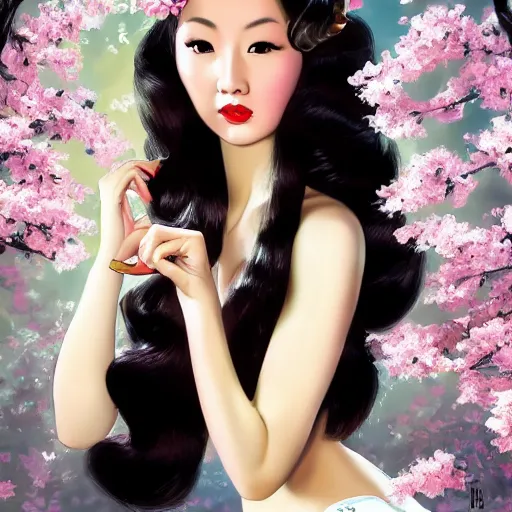 Image similar to pin - up portrait of a beautiful young chinese woman, pretty long hair, cherry blossoms, intense flirting, showing curves, symmetrical face, digital art, smooth, extremely detailed, model pose, intense look, dream, gorgeous young model, traditional beauty, pretty, by wu bayard, by gil elvgren, by ralph horsley, by hanks steve