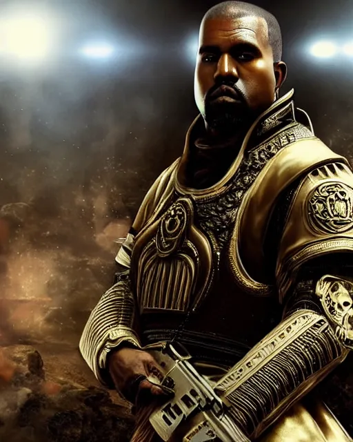 Prompt: kanye west as muammar kadhafi emperor napoleon in gears of war, splash art, movie still, cinematic lighting, dramatic, octane render, long lens, shallow depth of field, bokeh, anamorphic lens flare, 8 k, hyper detailed, 3 5 mm film grain