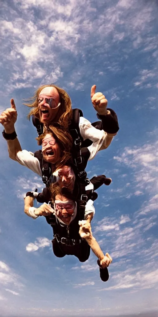 Prompt: a skydiving falling happy screaming old man, long hair, arching, jumping, national cheographic, by annie leibovitz