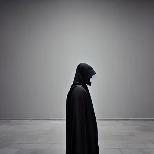 Prompt: the grim reaper standing stoic in black robe, waiting patiently, in a museum, perfect composition, by mike winkelmann