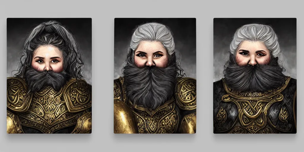 Image similar to triptych of elderly female feminine bearded dwarven heavyset fighter with curly long grey hairstyle, her full beard is long and plaited style, she has wrinkled skin and is wearing full black platemail armor with intricate slight gold trim by rossdraws, triptych format