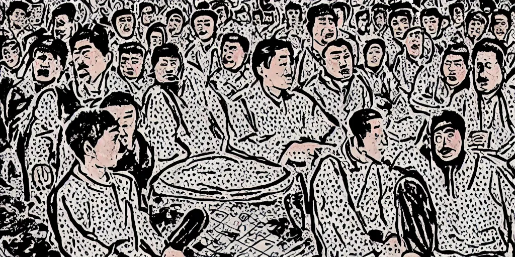 Image similar to uyghur men in a prison, in the style of daniel johnston and outsider art, 4k, overlaid with chinese text