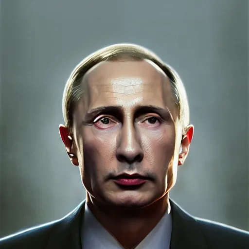 Image similar to hyperrealistic mixed media high resolution painting of a Vladimir Putin, stunning 3d render inspired art by István Sándorfi and Greg Rutkowski, perfect symmetry, dim volumetric lighting, 8k octane beautifully detailed render, post-processing, extremely hyper-detailed, intricate, epic composition, highly detailed attributes, highly detailed atmosphere, cinematic lighting, masterpiece, trending on artstation, very very detailed, masterpiece, stunning, flawless structure, lifelike texture, perfection,