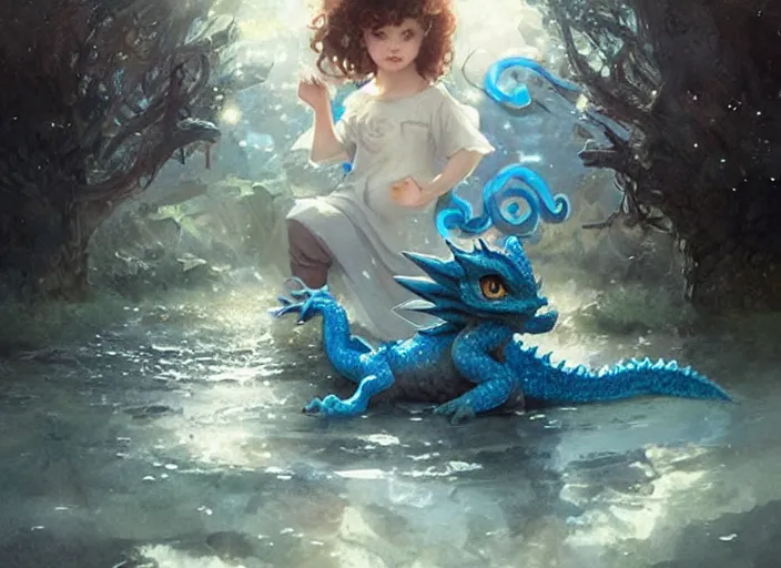 Prompt: a cute little girl with curly brown hair and blue eyes befriends a tiny sparkling blue baby dragon, beautiful fantasy art by greg rutkowski.