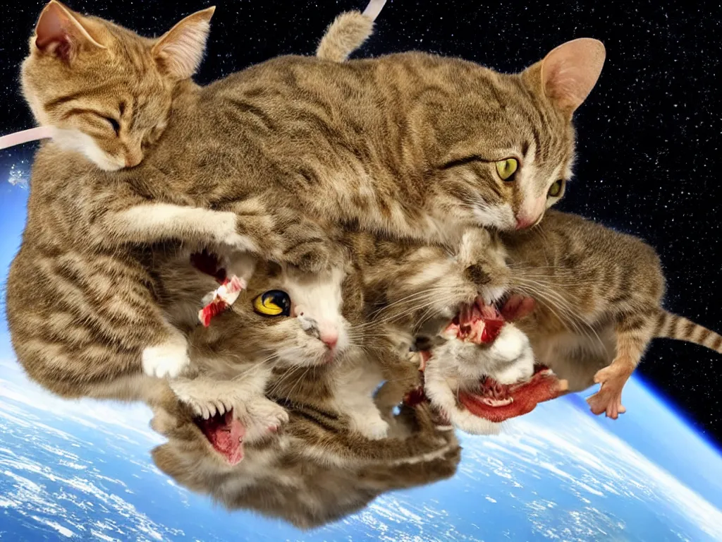 Image similar to a cat eating a mouse on top on a t-rex in space