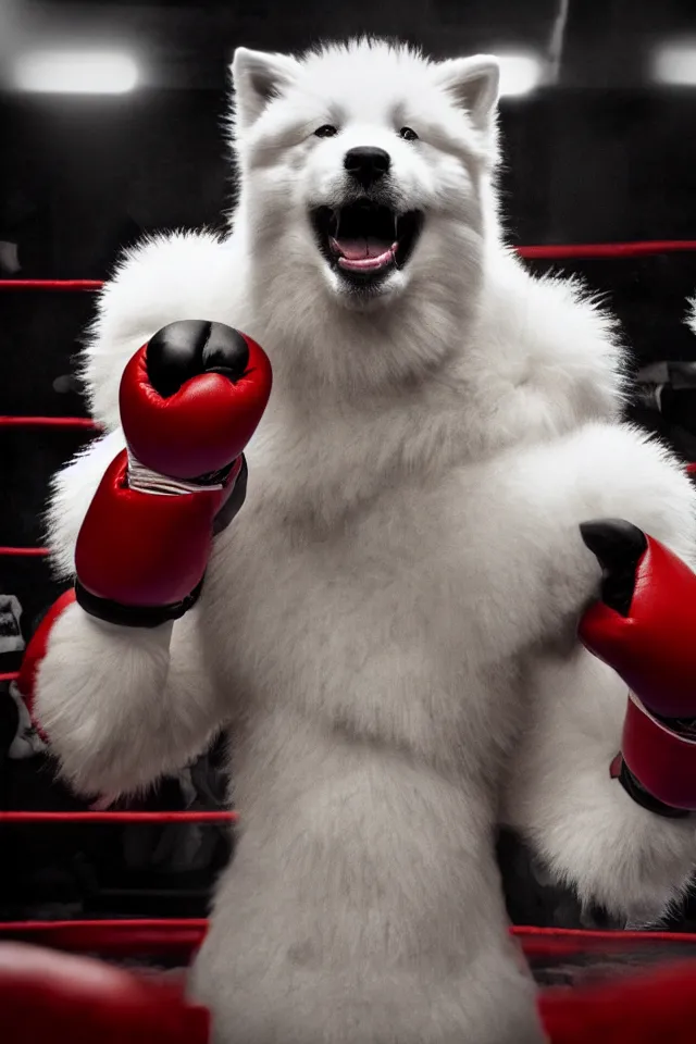 Image similar to samoyed dog head on a human body as a muay thai kickboxer, gloves on hands, world championship fight, photorealistic, cinematic lighting, film still