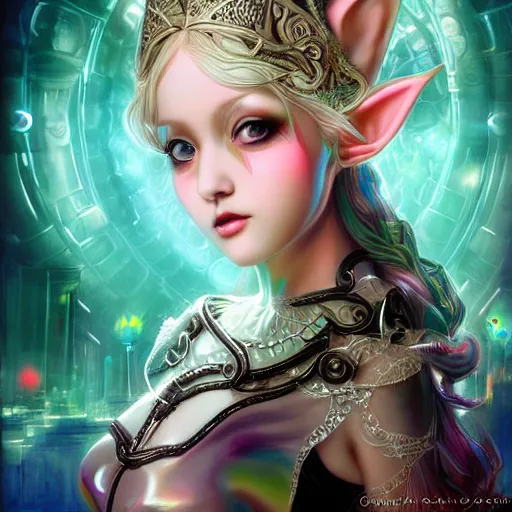 Prompt: A portrait of an ethereal, mysterious stunning maximalist mesmerizing elven girl with elf ears from the rainbow sky paradise in Tron: Legacy (2010), high-tech, Victorian gothic lolita fashion, highly detailed, very beautiful painting by artgerm and WLOP, inspired by Mark Ryden and Hiroyuki-Mitsume Takahashi