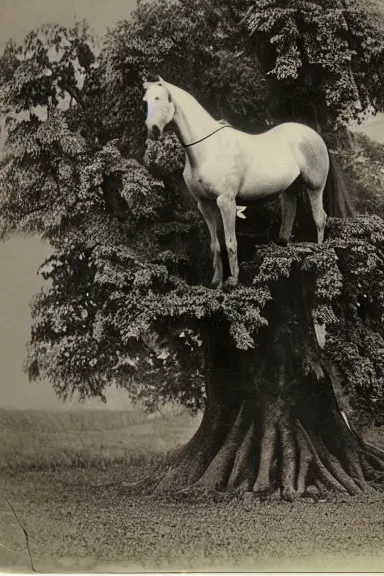 Image similar to an 1800s photo of 2 horses on top of a tree