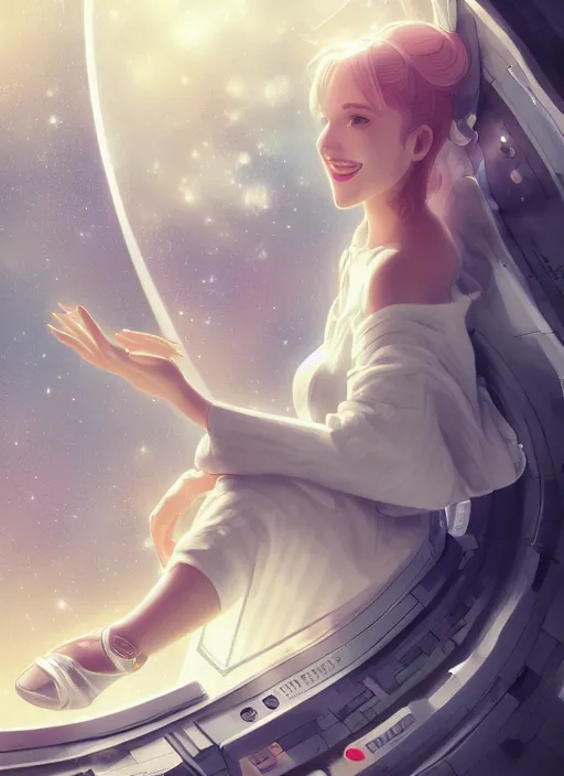 Prompt: woman sitting on a spaceship window, beautiful detailed dress, close - up portrait composition, highly detailed face, smiling, by artgerm, by wlop, by greg rutkowski, anime style, octane render