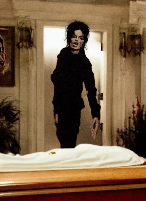 Image similar to photo still of michael jackson unconscious inside a coffin, full-shot, 4k