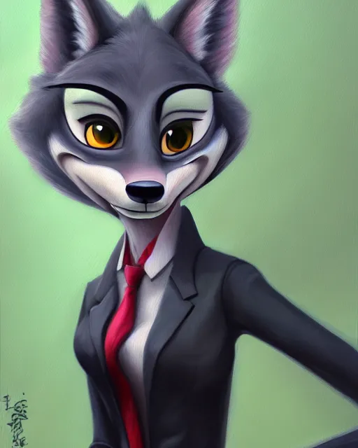 Image similar to oil painting of anthromorphic female wolf, in style of zootopia, female fursona, furry, furaffinity, 4 k, deviantart, furry art, fursona art, wearing black business suit, business suit, wolf fursona, female, very expressive detailed feminine face,