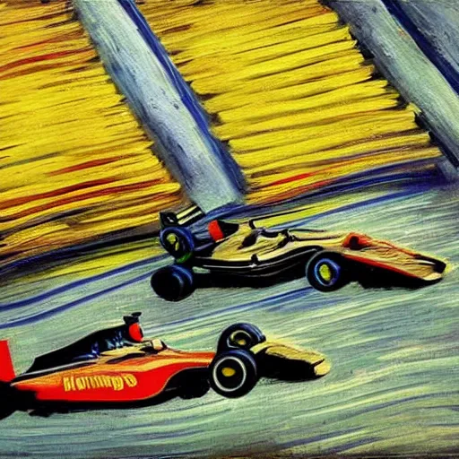 Prompt: formula 1 racing as painted by van gogh, surreal and detailed