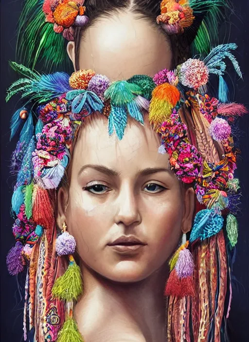 Image similar to beautiful portrait of a mediterranean female wearing fantastic Hand-dyed cotton dress, embellished beaded feather decorative fringe knots ,colorful pigtail,subtropical flowers and plants,symmetrical face,intricate,elegant, highly detailed, 8k,post-processing,digital painting, trending on pinterest, arper's bazaar,concept art, sharp focus, illustration, by artgerm,Tom Bagshaw,Daniel Gerhartz,Albert Aublet,Lawrence Alma-Tadema