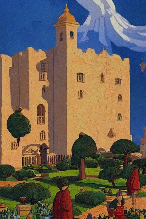 Prompt: view of the ancient tiled white tower in its gardens after a storm, tall windows, beautiful moorish ornament, dramatic cinematic lighting, rich colors, golden age illustration, by Sylvain Sarrailh and Nicholas Roerich and Ludwig Deutsch