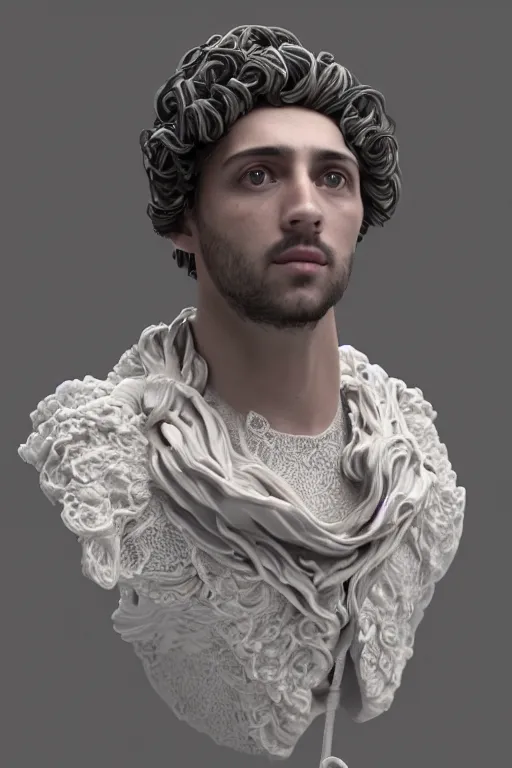Image similar to a beautiful porcelain Baroque style bust of handsome young Spanish man with colored pipecleaners coming out of the neck suspended in space, photorealism, octane render, depth of field, 8k, 35mm, artgem, Trending on artstation