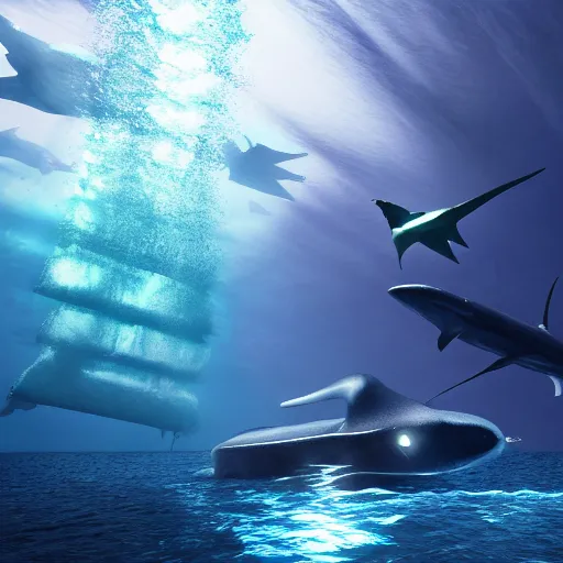 Prompt: photo by national geographic, a small submersible submarine being chased by a gigantic megaladon, 4 d, 4 k, volumetric lighting, photorealistic, light ray, hyperdetailed