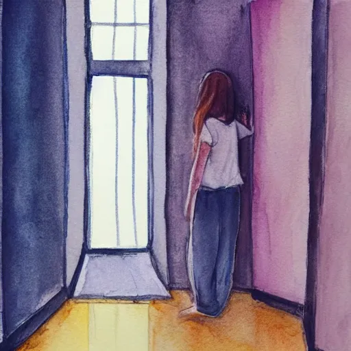 Image similar to person in pyjamas standing near window, sun rays, daylight, big french door window, big spatious room, 2 4 mm, wooden floor, modern, pastel palette, winter sun, photorealistic, high ceiling, watercolor painting