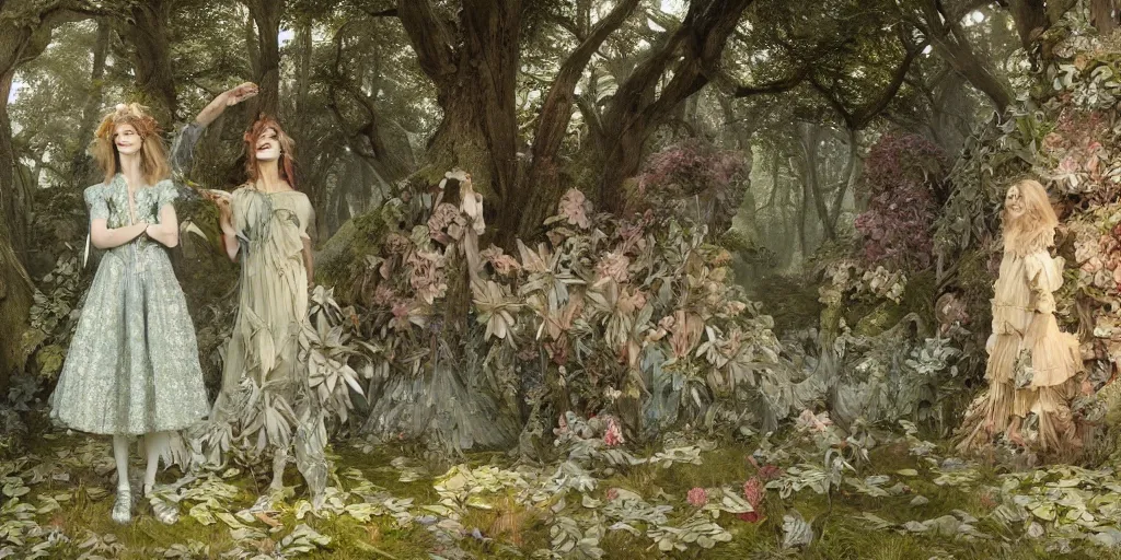 Image similar to alice in wonderland, dress made of leaves, masterpiece by Edgar Maxence and Ross Tran and Michael Whelan, gustav dore, carravaggion, realistic fantasy, establishing shot, 8k, octane render, moonbeams