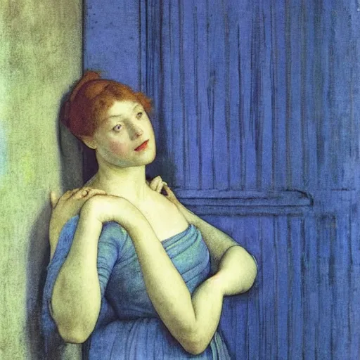 Image similar to close up of a girl in a blue and gold haunted liminal abandoned room, film still by edward hopper, by Pontormo, by klimt, by dante gabriel rossetti, pre-raphaelite. art noveau, highly detailed, strong lights, liminal, eerie, Bright pastel colors