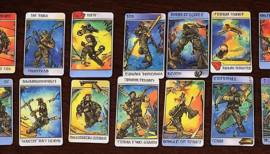 Prompt: a set of Counter Strike tarot cards laid out on a table