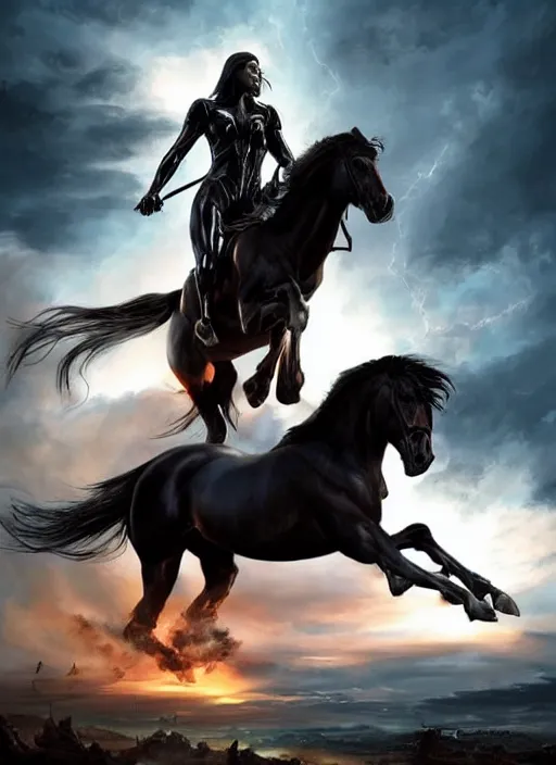 Prompt: the first horseman of the apocalypse riding a strong big black stallion, horse is running, the rider is carrying the scales of justice, beautiful artwork by artgerm and rutkowski, breathtaking, beautifully lit, dramatic, full view