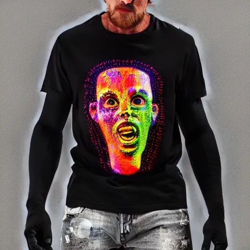 Prompt: photo of a black tshirt with a hyperdetailed portrait of a trippy robot, half robot, half human, 8 k, symetrical, flourescent colors, happy mood, multicolored,