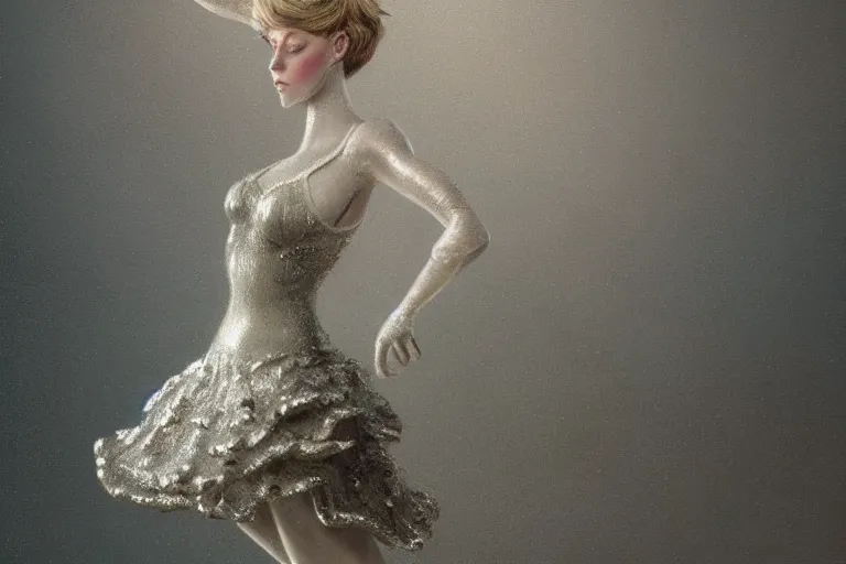 Prompt: silver ballerina, painted by keith parkinson and john giunta and tom jung and jeanbaptiste monge, trending on artstation, soft illumination tilt - shift cottagecore, futuresynth, still life, american romanticism, pointilism