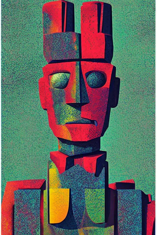 Image similar to cubist moai statue cutout digital illustration cartoon colorful beeple