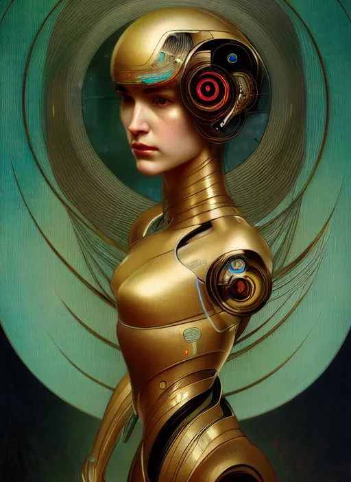 Image similar to portrait of a beautiful female android, coy, circuitry visible in head, in the style of ex machina, karol bak, alphonse mucha, greg rutkowski, award winning, hr giger, artstation, 8 k